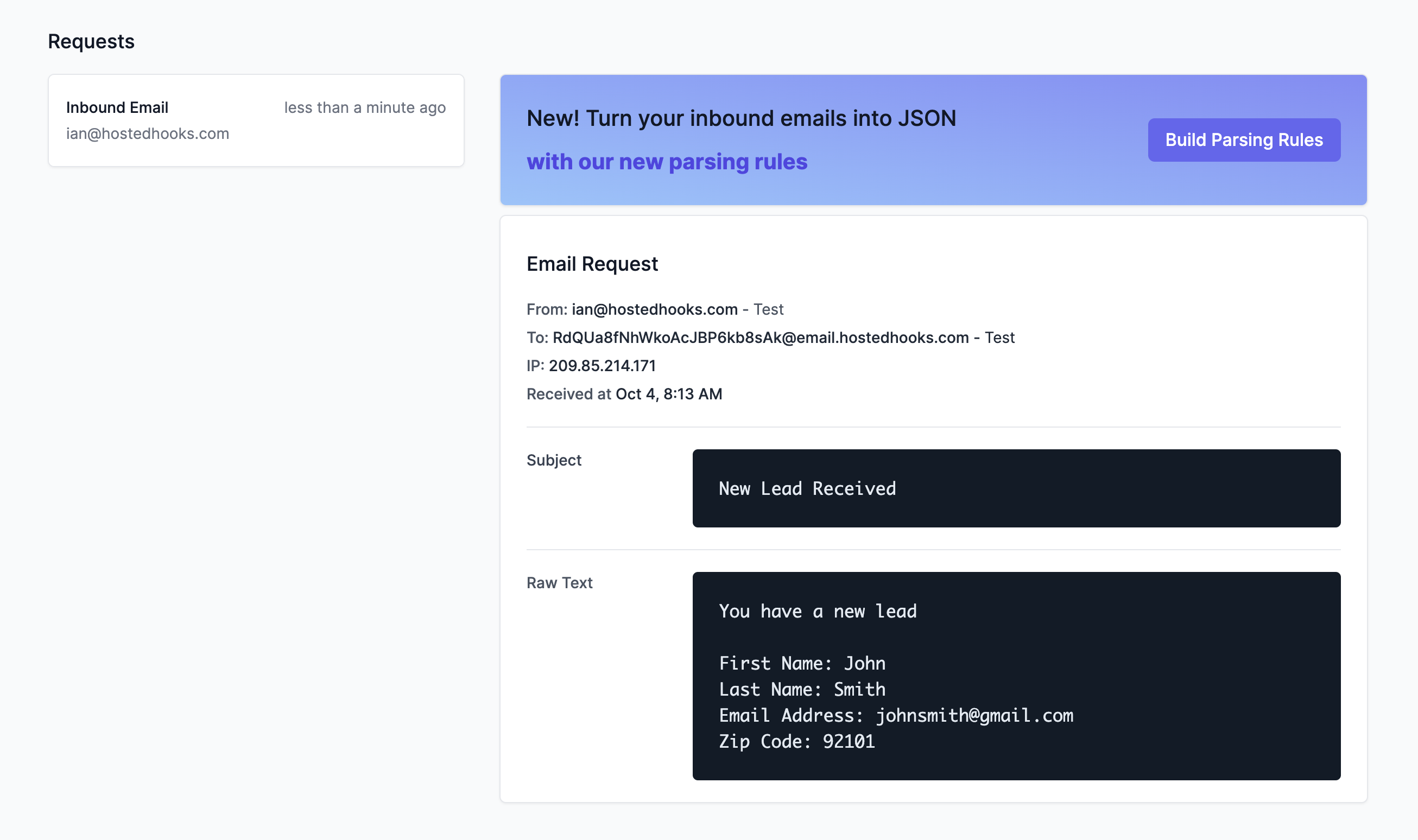 parse inbound emails in to JSON